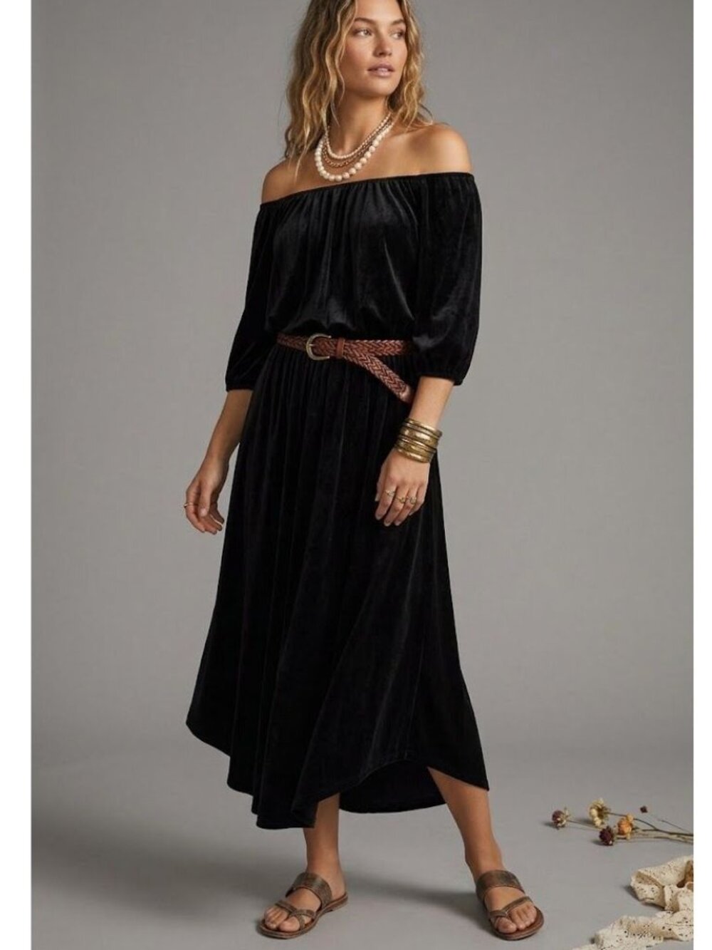 Anthropologie Sundays In Brooklyn Black Off-Shoulder Midi Dress M